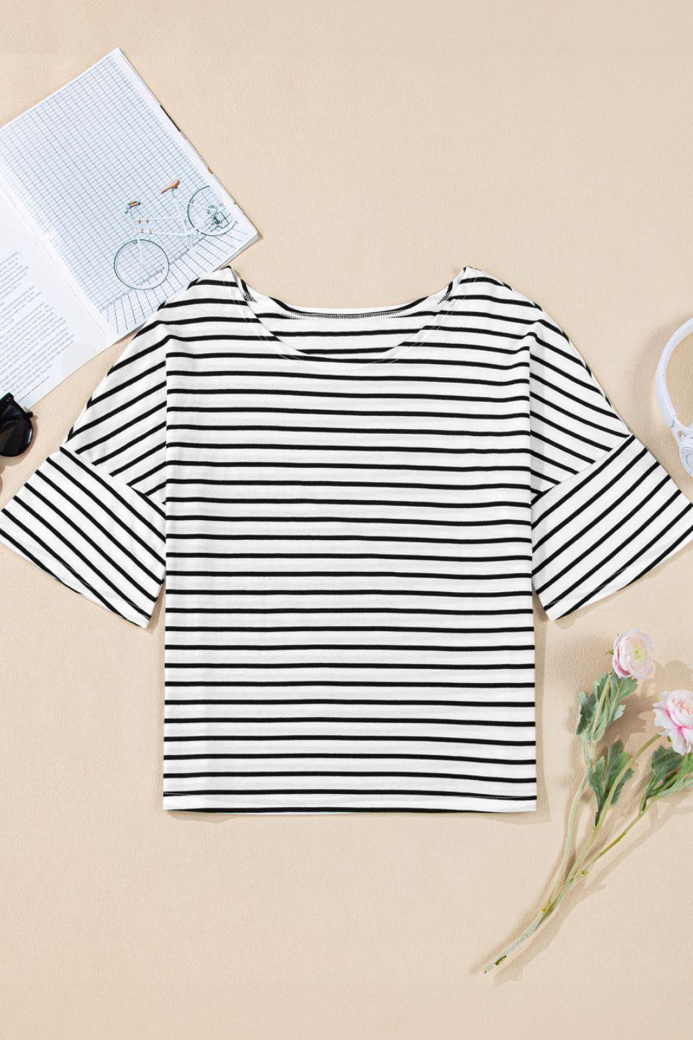 Stripe Half Sleeve Scoop Neck Top - Clothes For Her Online Store