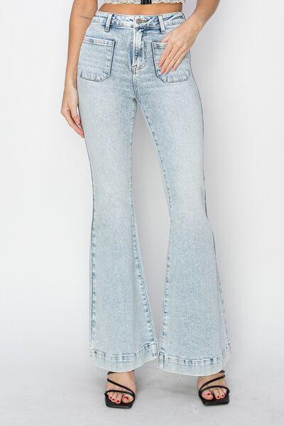 Risen Full Size High Rise Front Patch Pocket Flare Jeans - Clothes For Her Online Store