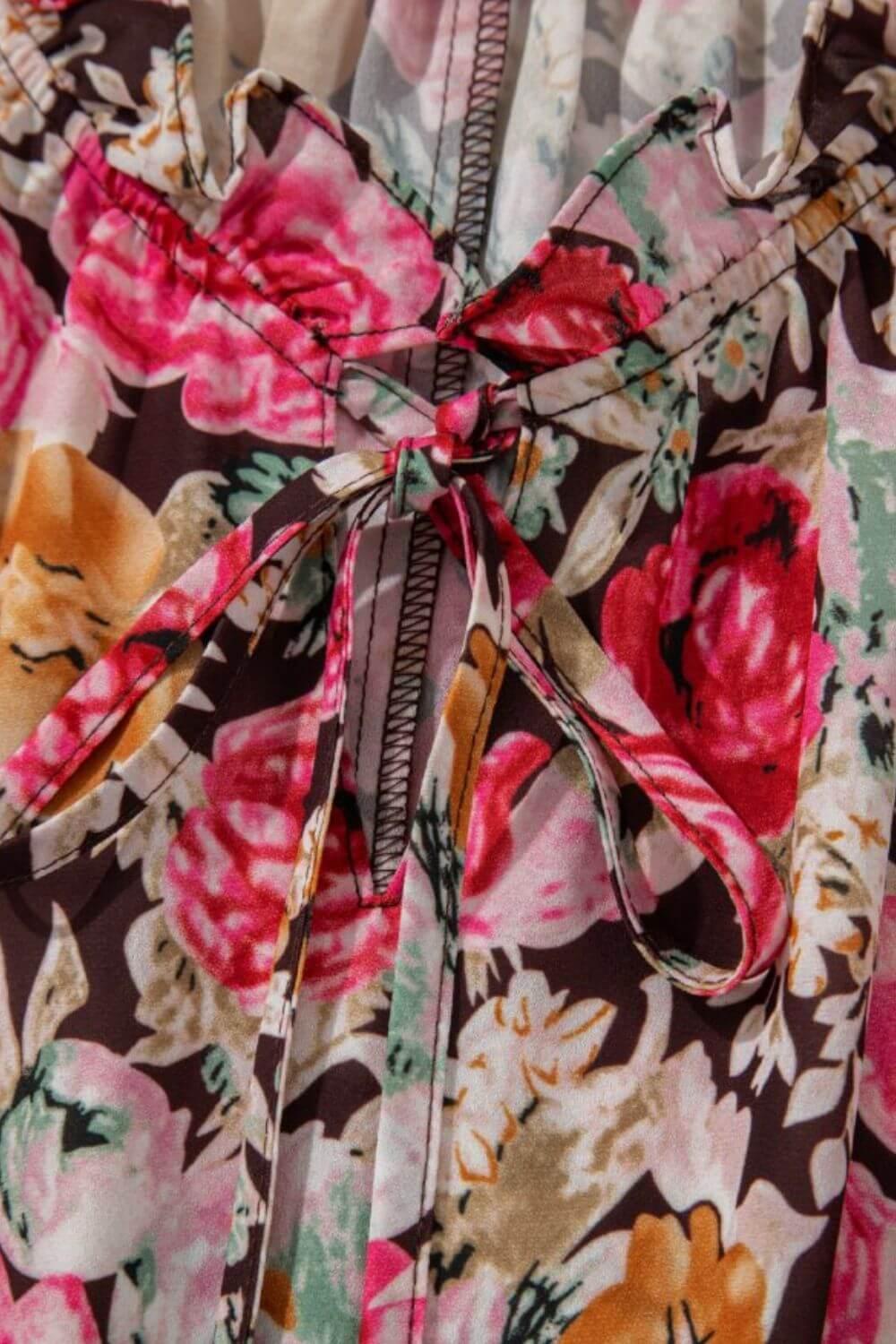 Floral Tie Neck Short Sleeve Blouse - Clothes For Her Online Store