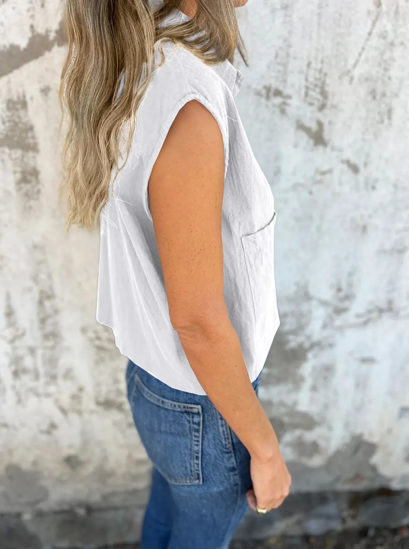 Full Size Button Down Cap Sleeve Linen Shirt Plus Size