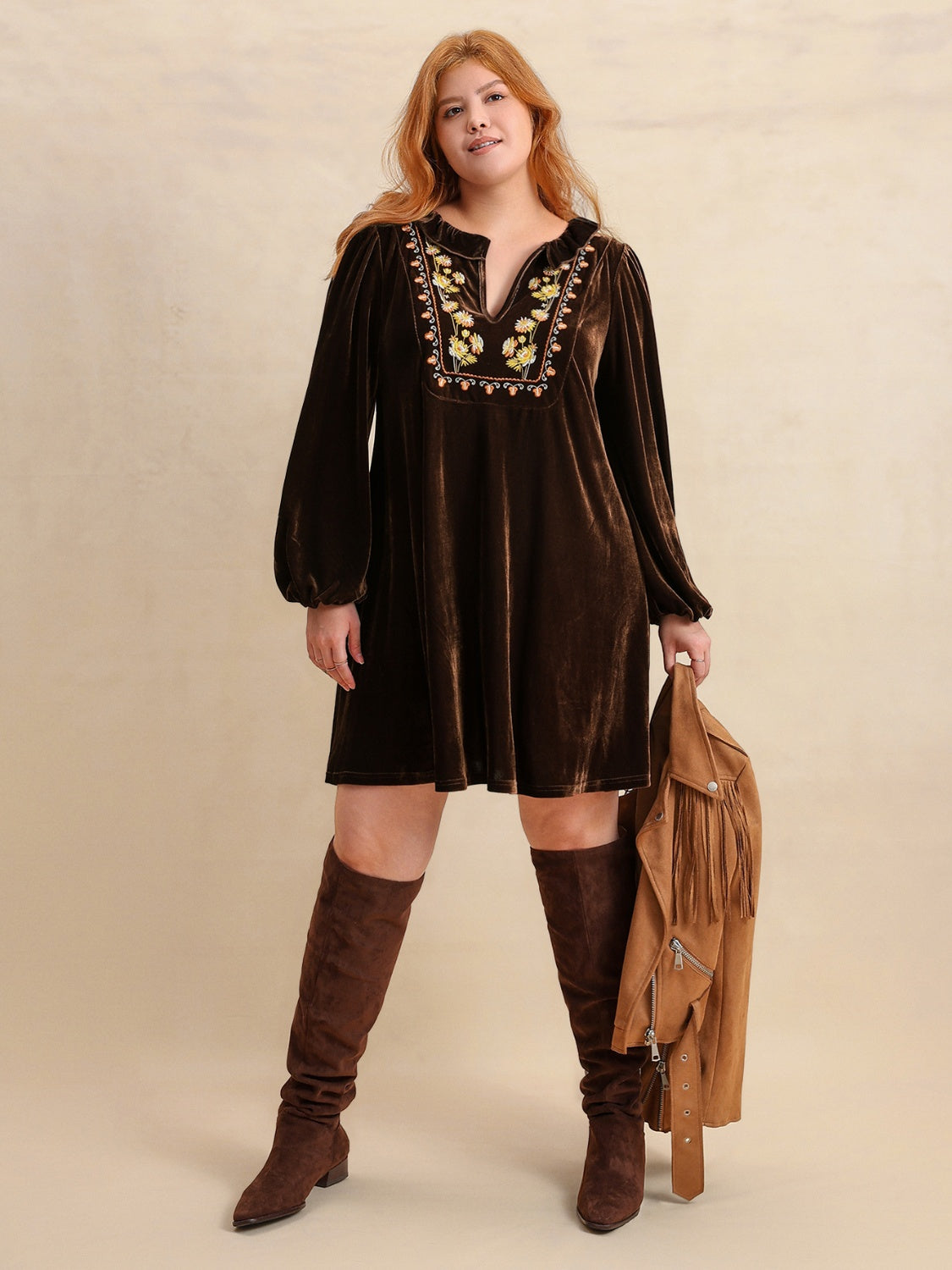 Plus Size Embroidered Notched Balloon Sleeve Mini Dress - Clothes For Her Online Store