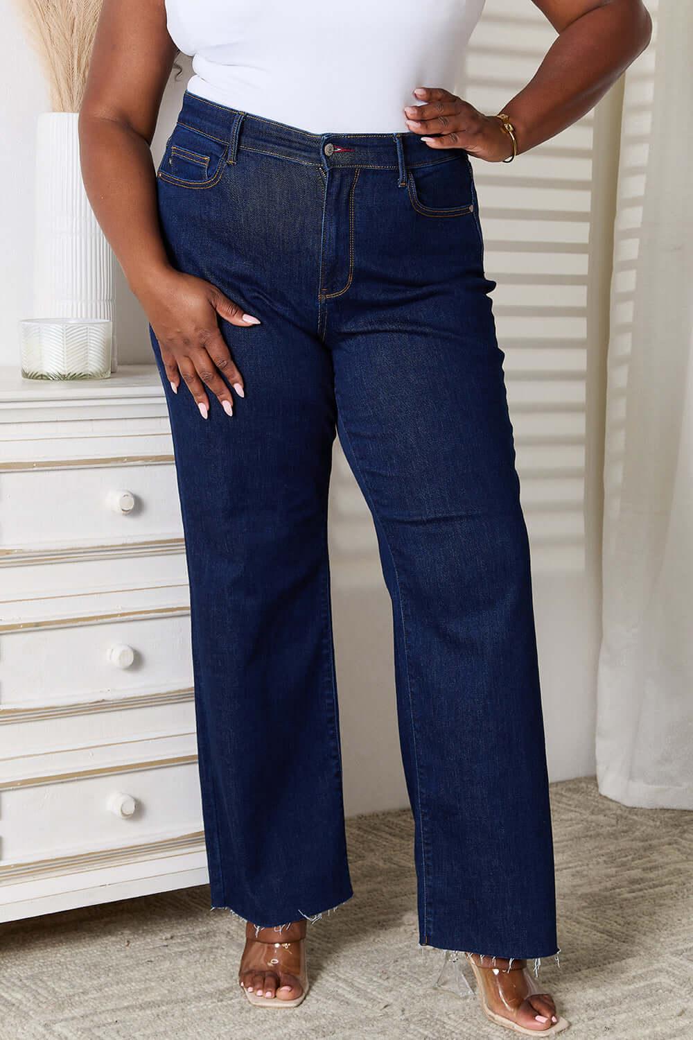 Judy Blue Full Size Raw Hem Straight Leg Jeans with Pockets - Clothes For Her Online Store