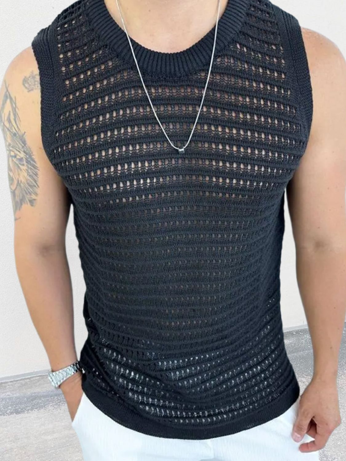 Men's Round Neck Hollow Out Sleeveless Knit Top - Clothes For Her Online Store