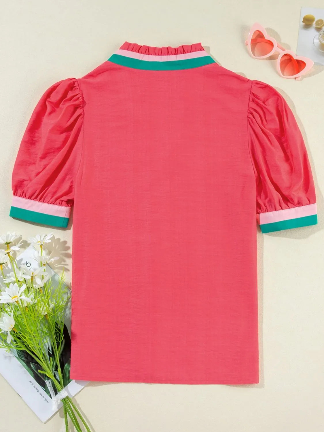 Carrot Colorful Trim V Neck Short Sleeve Blouse