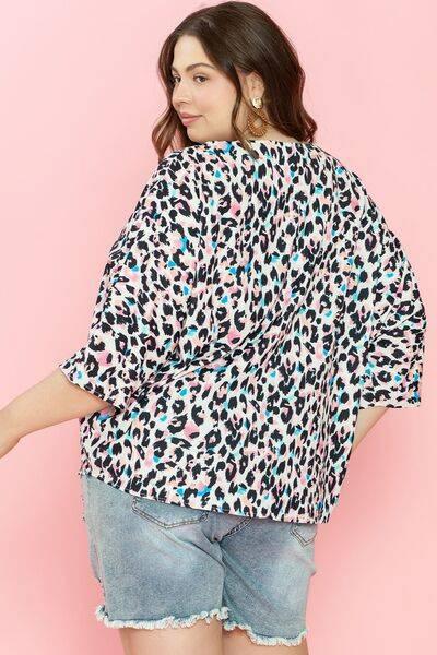 Plus Size Leopard V-Neck Three-Quarter Sleeve Blouse - Clothes For Her Online Store