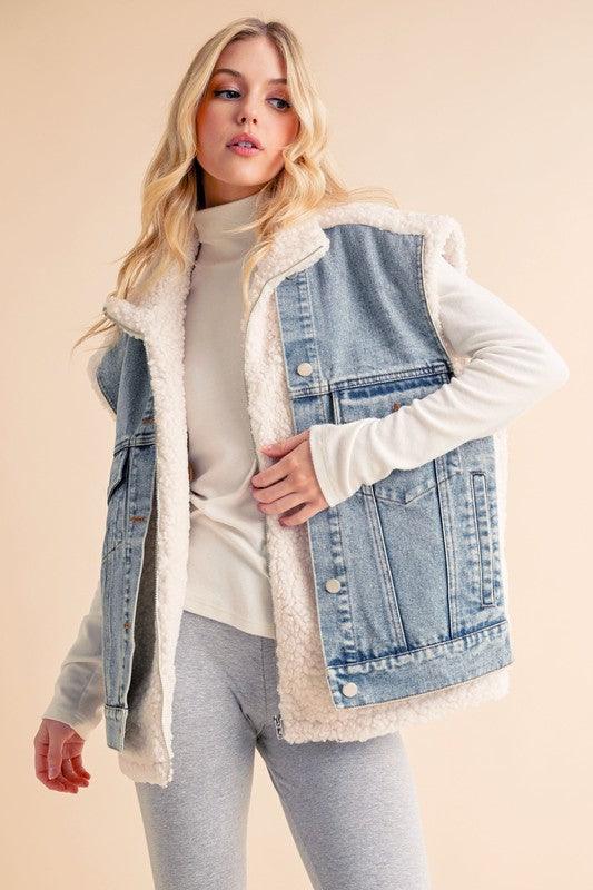 Aemi + Co Fake Two Pieces Denim Patch Sherpa Vest Coat - Clothes For Her Online Store