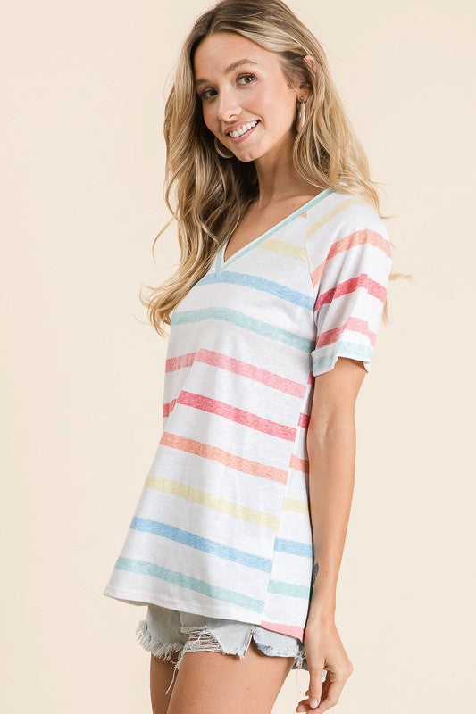 BiBi Striped V-Neck Short Sleeve T-Shirt - Clothes For Her Online Store
