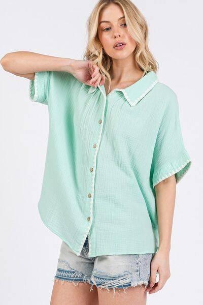 SAGE+FIG Boho Contrast Zigzag Trim Gauze Button-Up Shirt - Clothes For Her Online Store