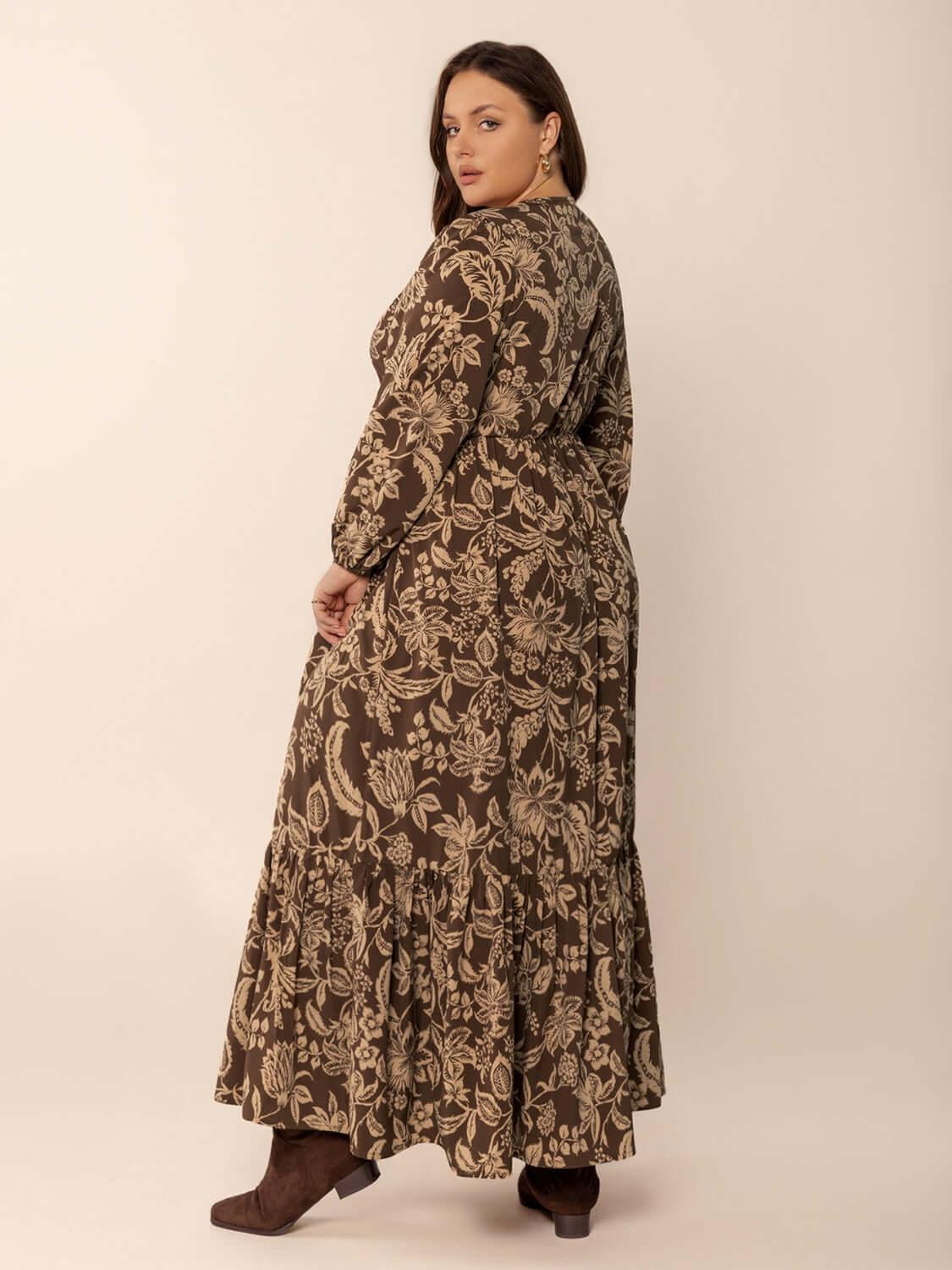 Plus Size Printed V-Neck Balloon Sleeve Maxi Dress - Clothes For Her Online Store