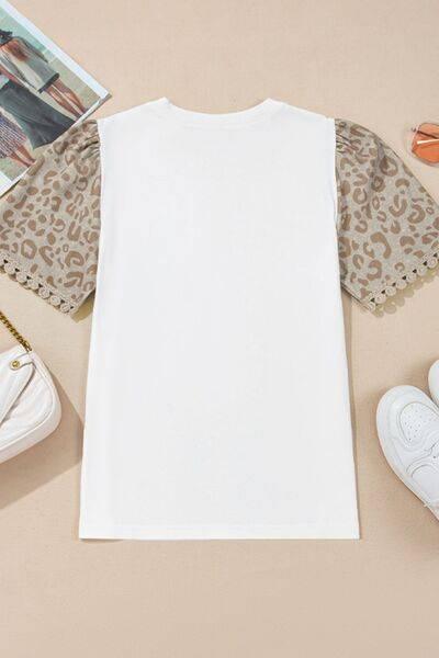 Leopard Patchwork Crochet Lace Trim Puff Sleeve T Shirt - Clothes For Her Online Store