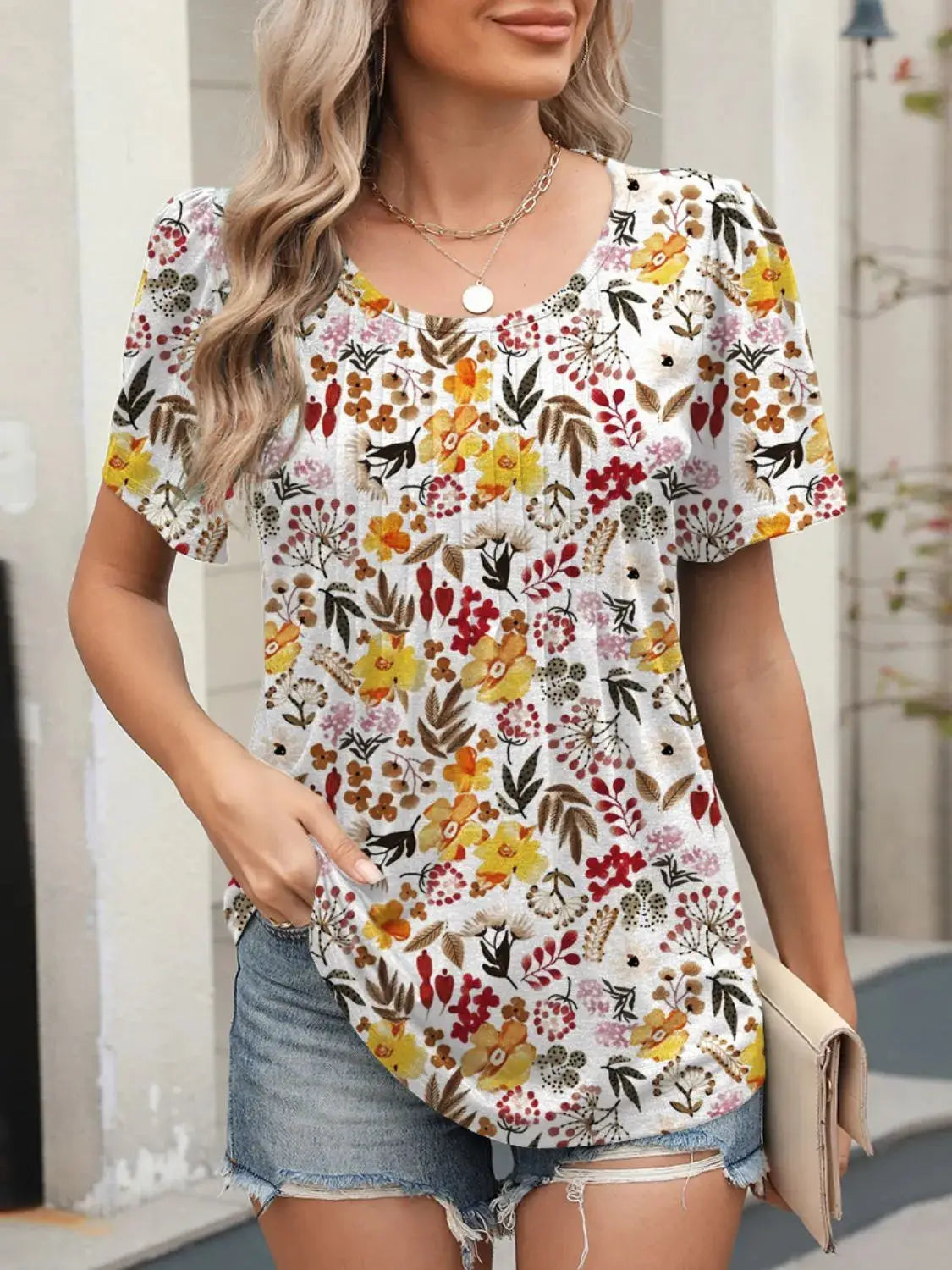 Floral Round Neck Short Sleeve Top - Clothes For Her Online Store