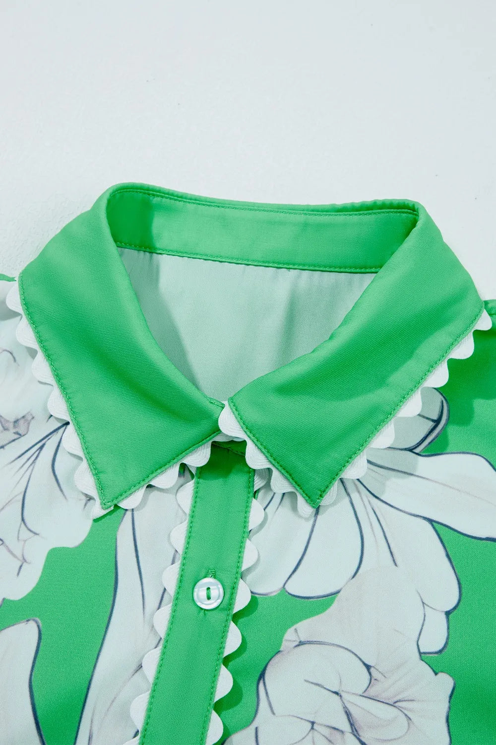 Floral Ric Rac Edge Puff Sleeve Button Up Summer Shirt