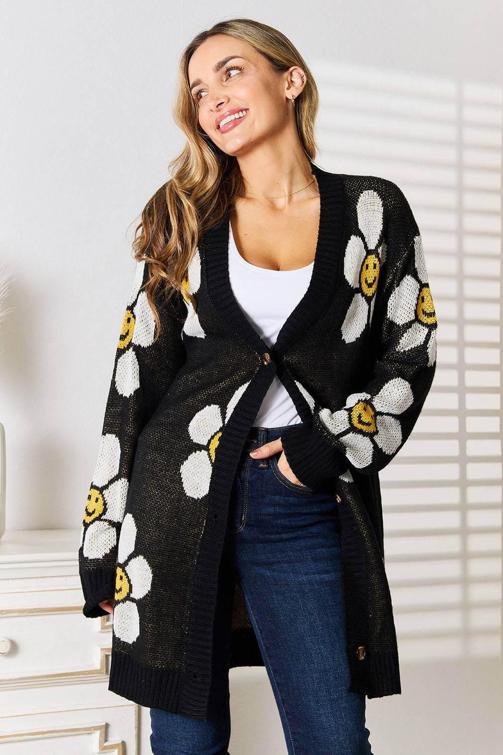 Perfee Floral Button Down Longline Cardigan - Clothes For Her Online Store