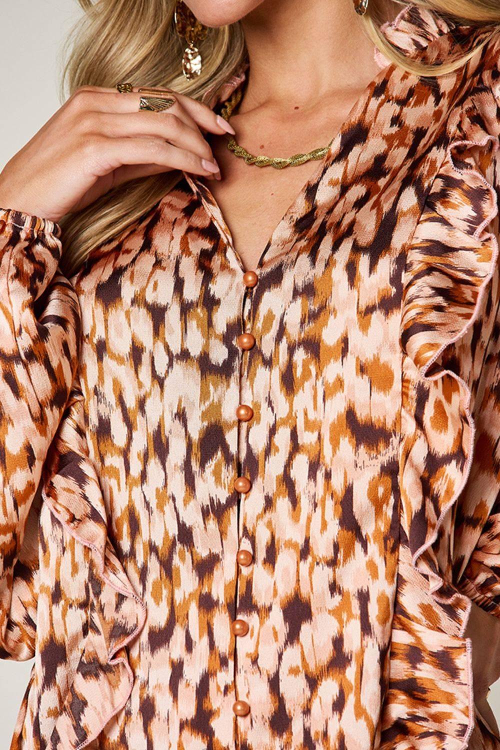 Double Take Full Size Printed Ruffle Trim Balloon Sleeve Shirt - Clothes For Her Online Store