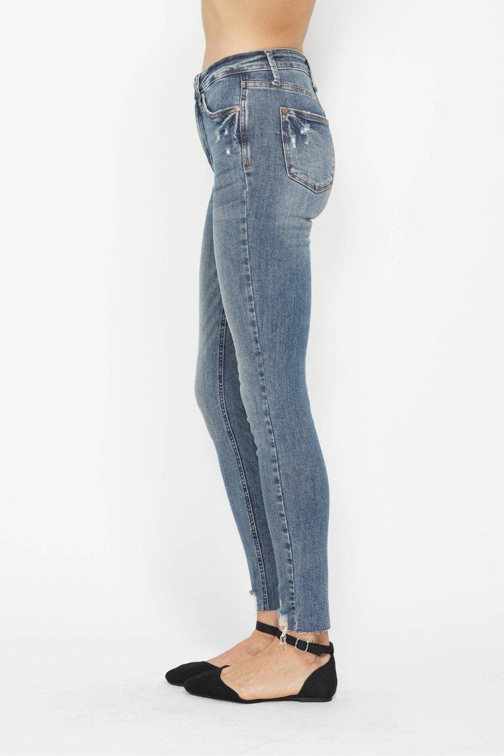 Judy Blue Full Size Tummy Control Vintage Wash Hem Destroy Skinny Jeans - Clothes For Her Online Store