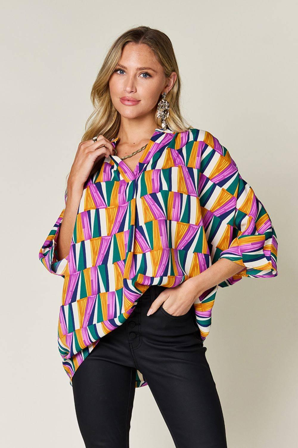 Double Take Full Size Geometric Notched Dolman Sleeve Top - Clothes For Her Online Store