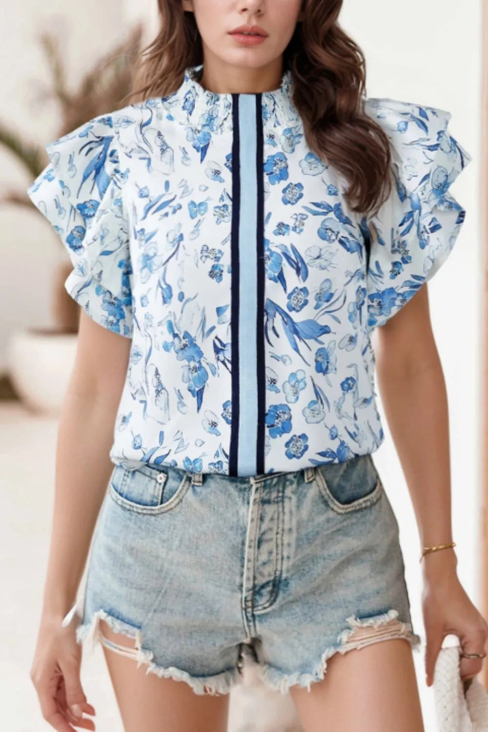 Floral Print Ruffled Short Sleeve Blouse