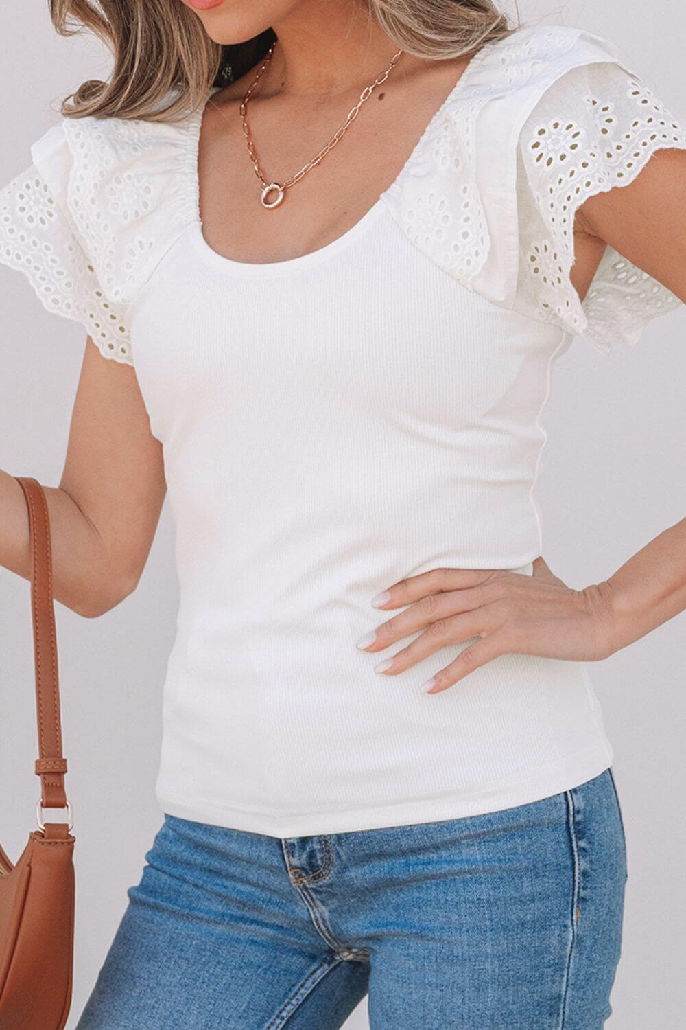 Eyelet Ruffle Sleeve Slim Top - Clothes For Her Online Store