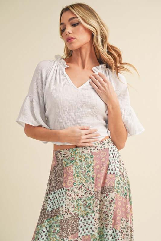 Aemi + Co Side Slit Notched Ruffled Half Sleeve Blouse - Clothes For Her Online Store
