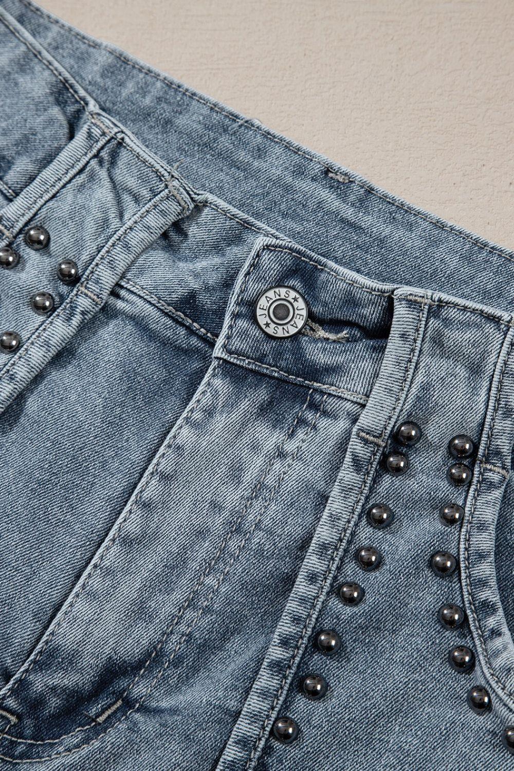 Studded Acid Wash Denim Shorts - Clothes For Her Online Store