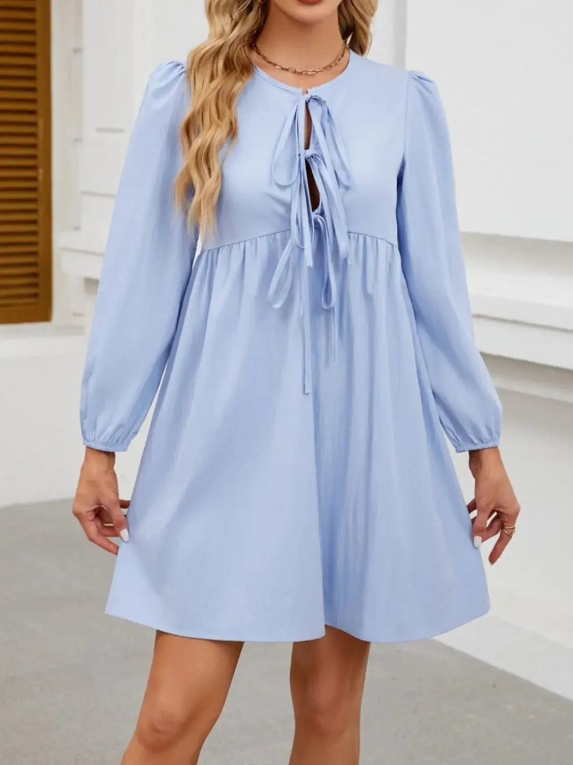 Tie Front Long Sleeve Mini Dress - Clothes For Her Online Store
