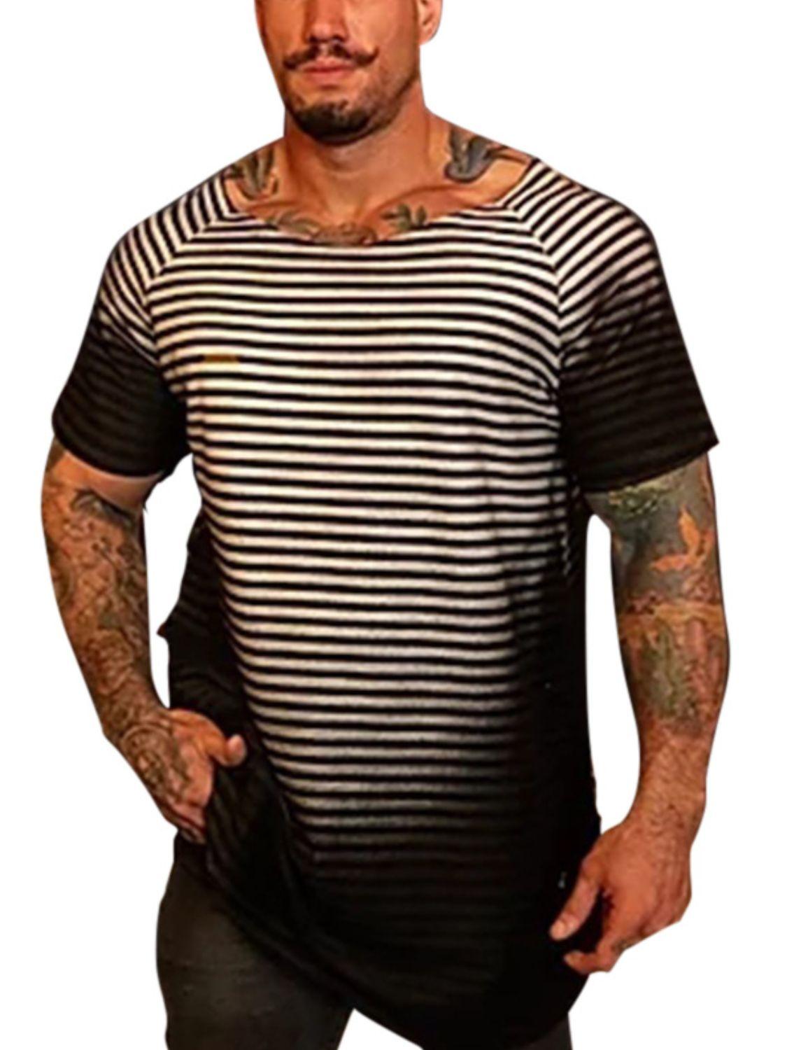 Men's Full Size Round Neck Short Sleeve Striped T-Shirt Plus Size - Clothes For Her Online Store