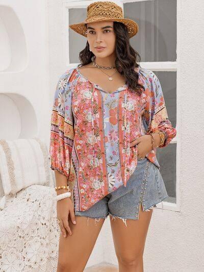 Plus Size Printed Tie Neck Balloon Sleeve Blouse - Clothes For Her Online Store