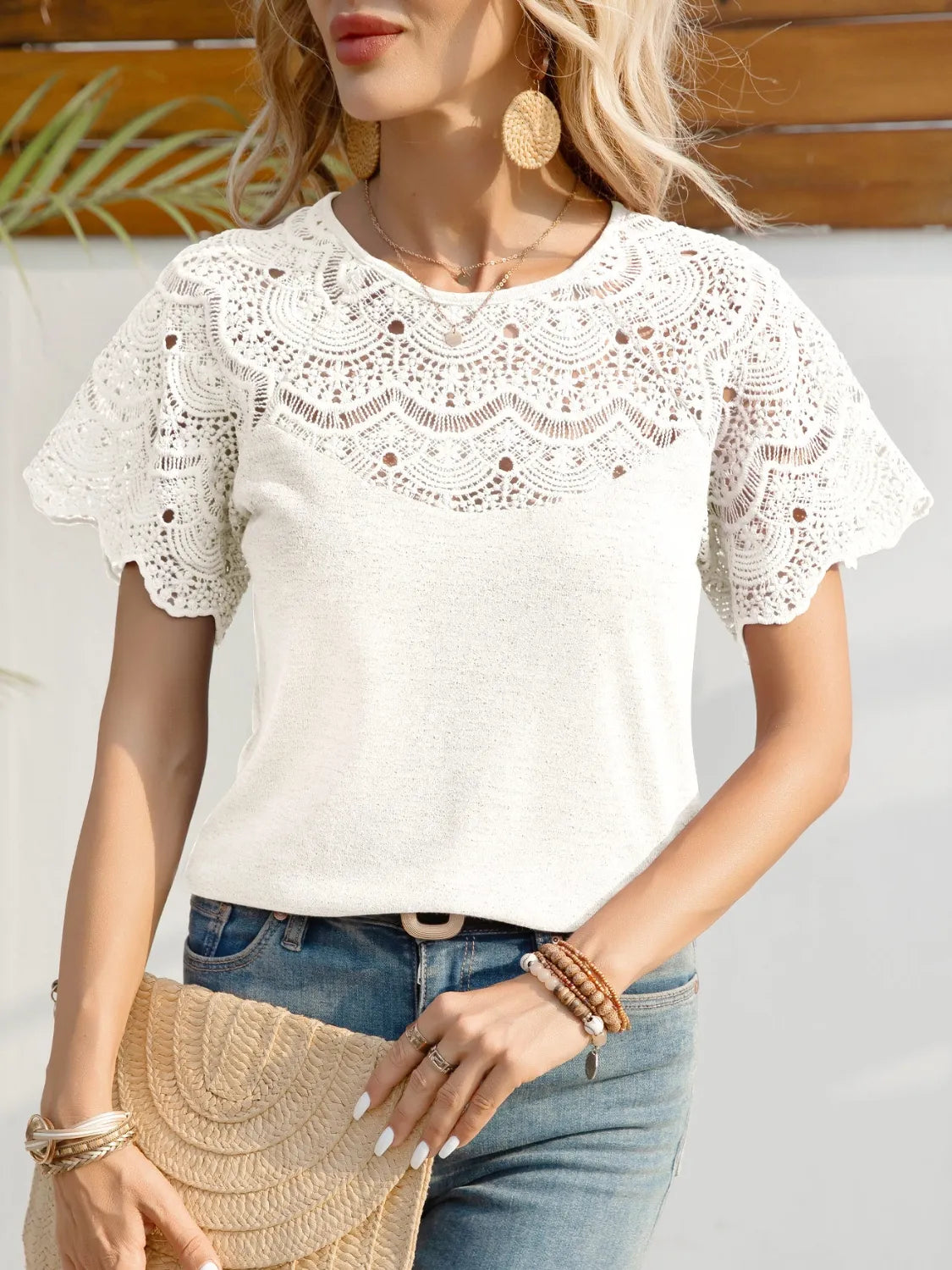 Round Neck Short Sleeve Crochet Top
