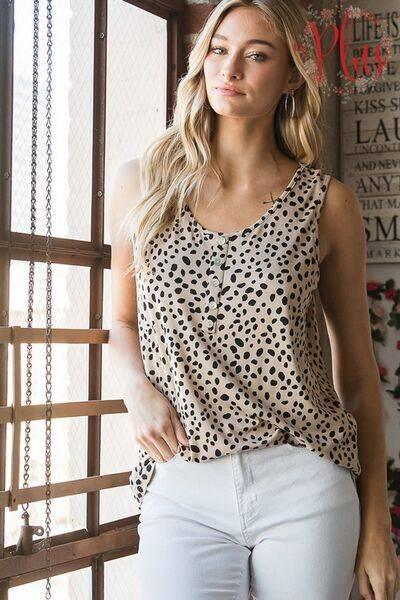 Heimish Full Size Front Button Animal Print Sleeveless Top Plus Size - Clothes For Her Online Store