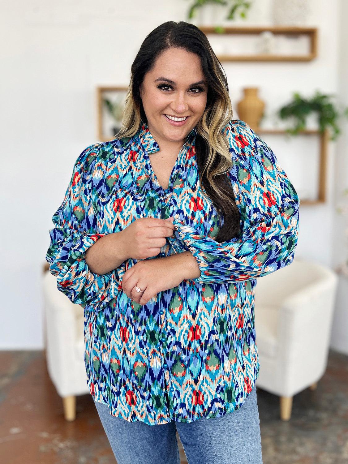 Double Take Full Size Printed Balloon Sleeve Blouse - Clothes For Her Online Store