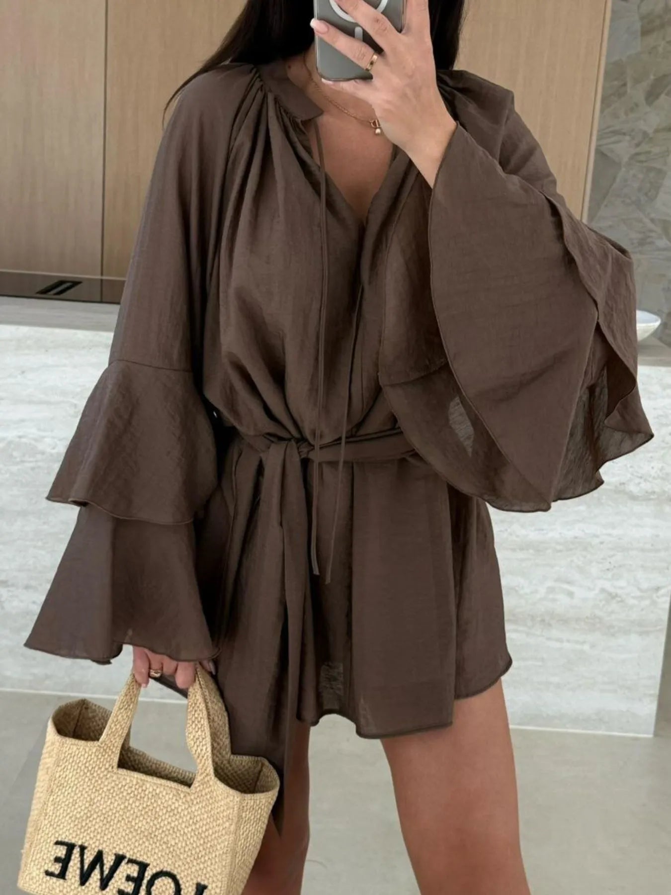 Bell Sleeve Tie Waist Mini Shirt Dress