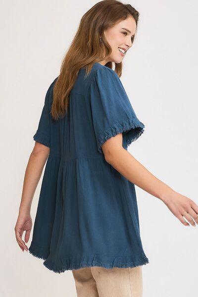 Umgee Full Size Raw Hem Notched Babydoll Linen Blouse Plus Size - Clothes For Her Online Store