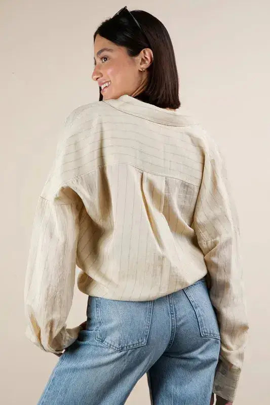 VERY J Oversized Striped Button Down Shirt Top - Clothes For Her Online Store