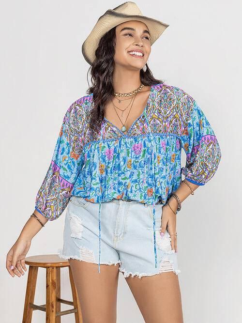 Plus Size Printed Tie Neck Balloon Sleeve Blouse - Clothes For Her Online Store
