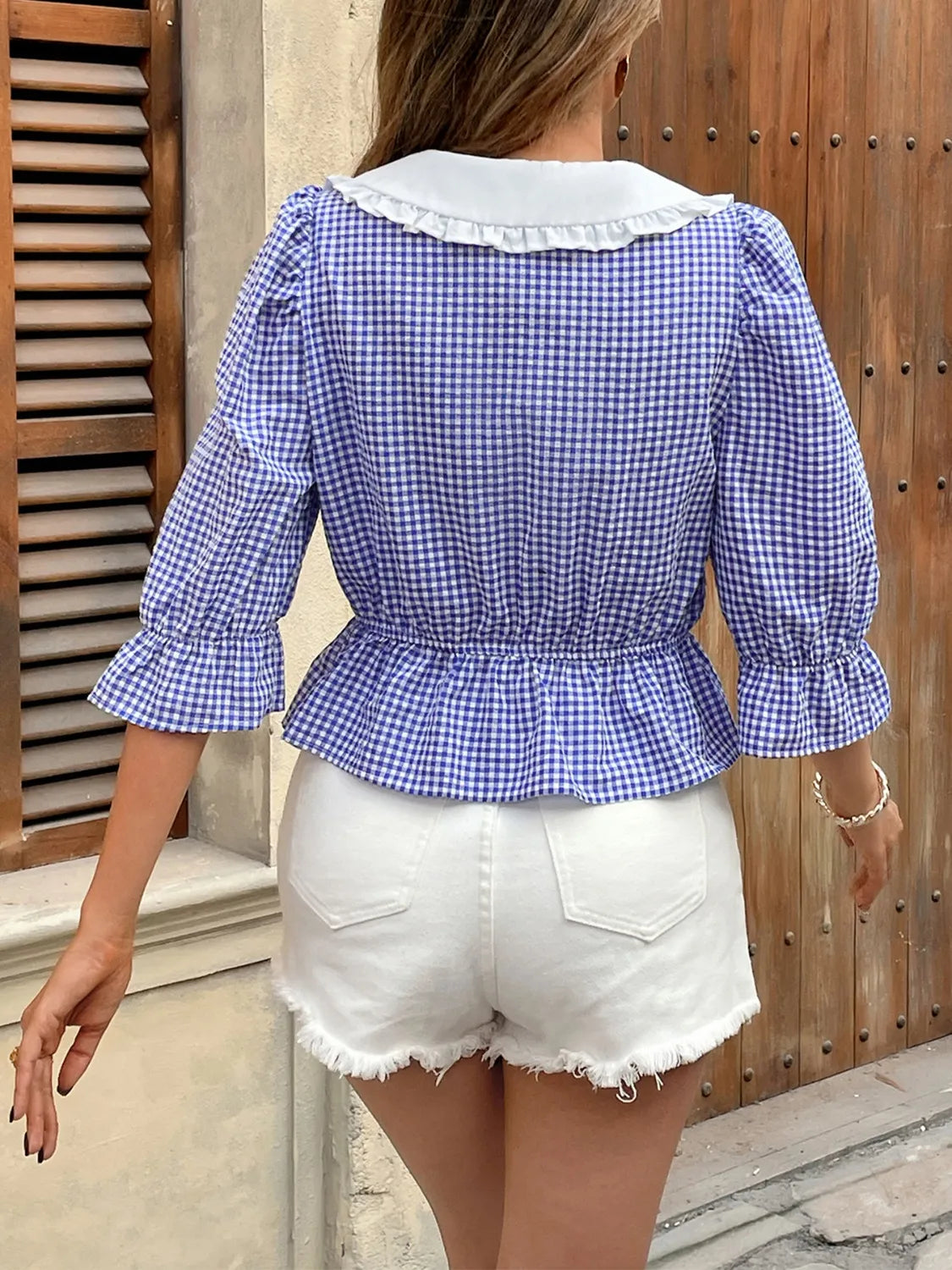 Tie Front Plaid Flounce Sleeve Blouse