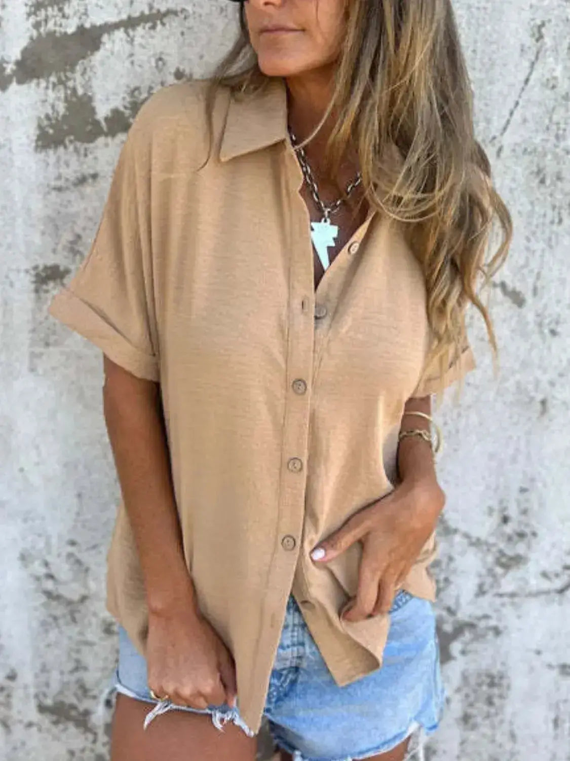 Full Size Collared Neck Half Sleeve Shirt Plus Size - Clothes For Her Online Store