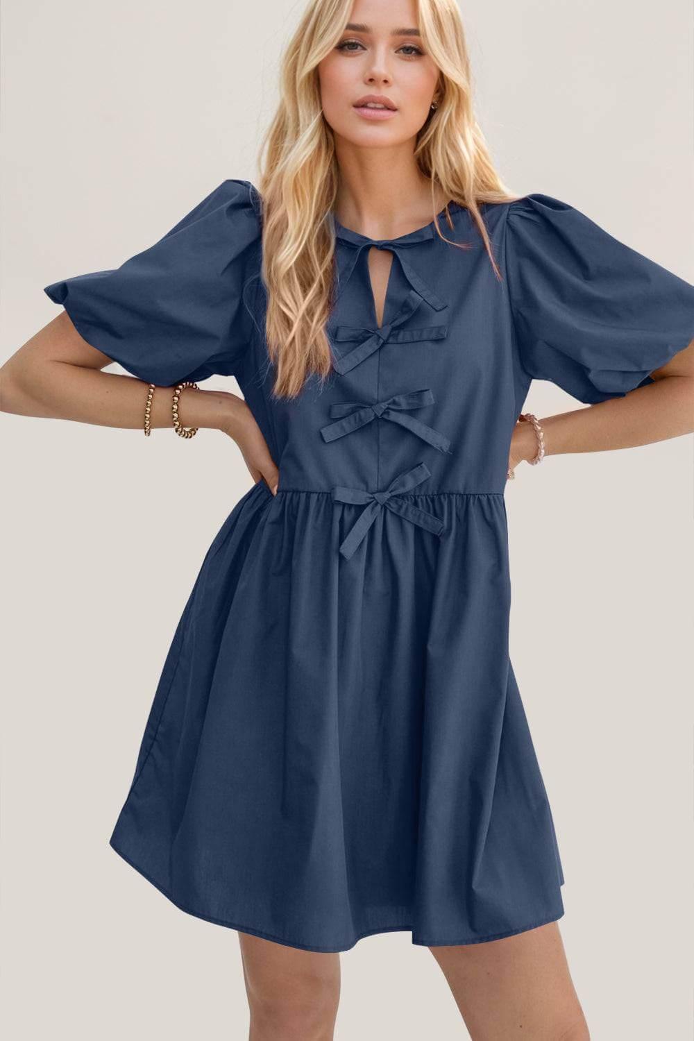 Oh Bow Ruched Puff Sleeve Mini Dress - Clothes For Her Online Store