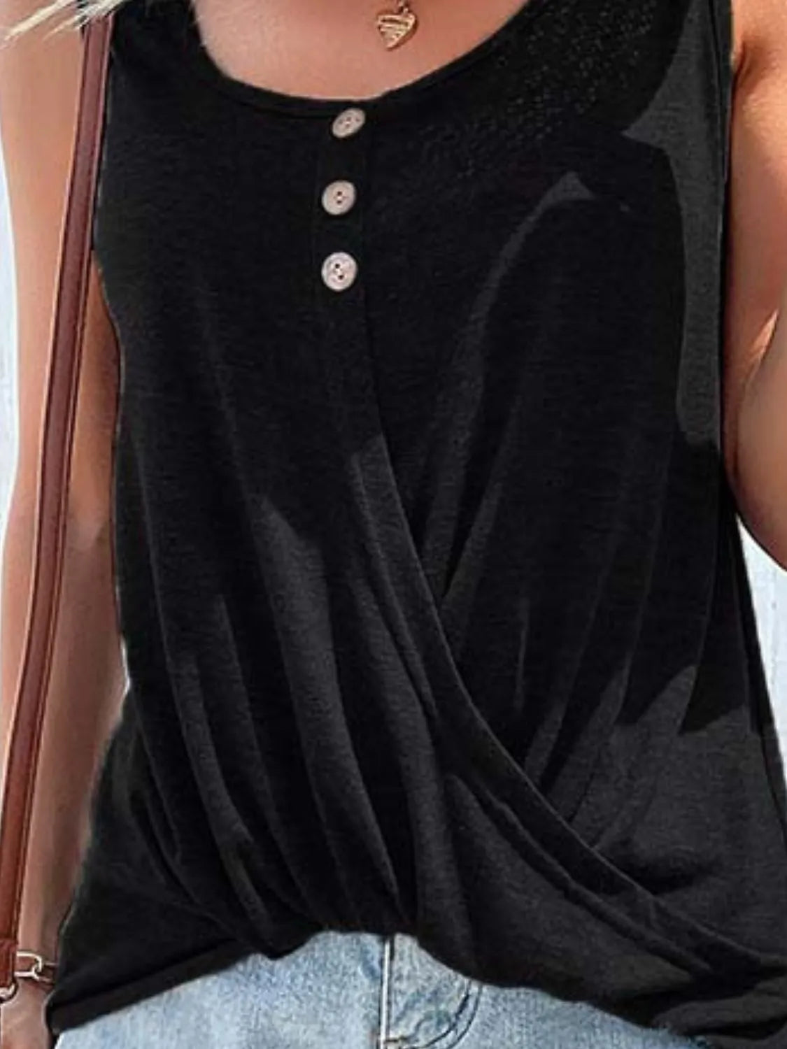 Full Size Decorative Button Round Neck Tank Plus Size