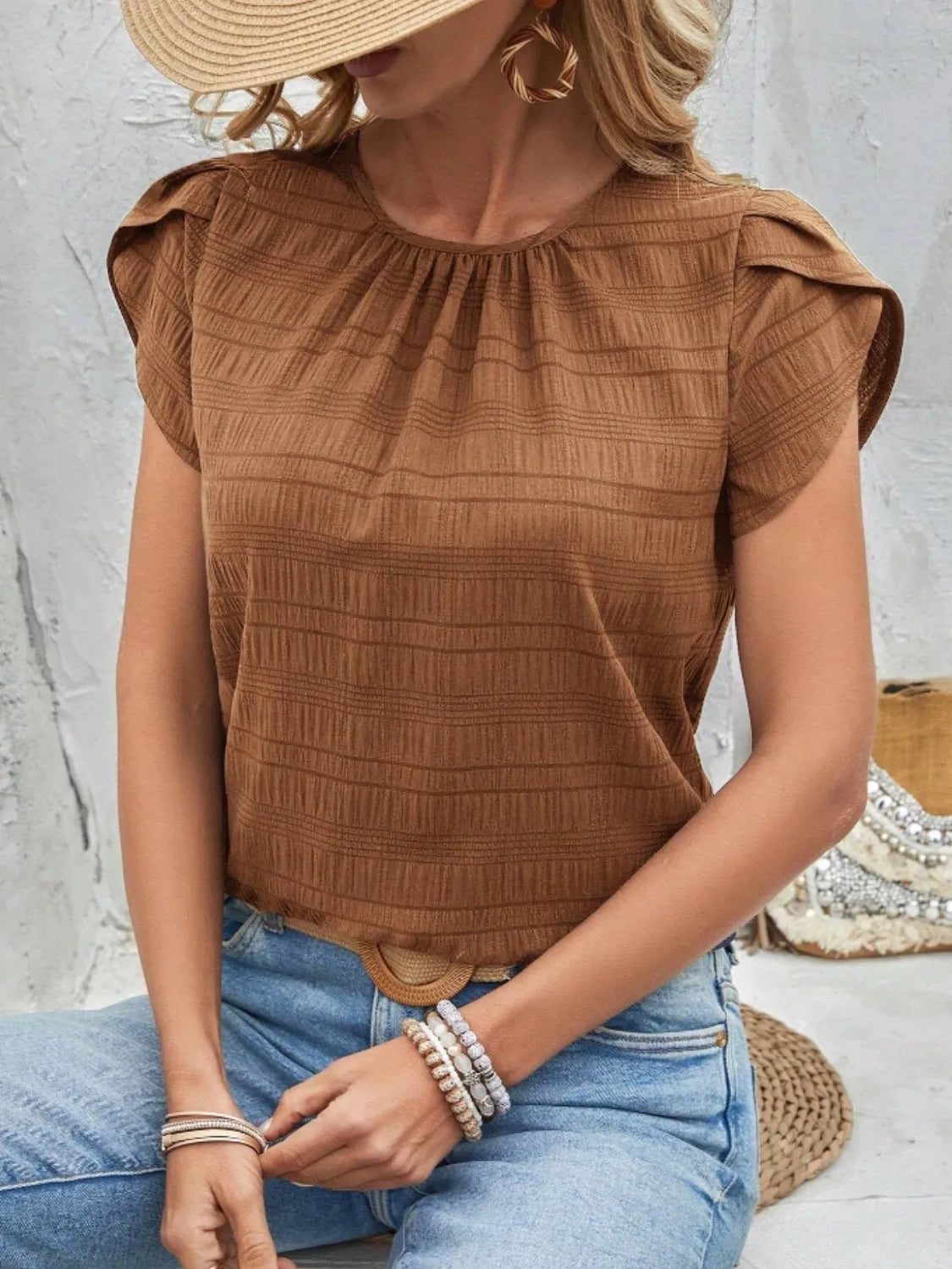 Round Neck Petal Sleeve Top