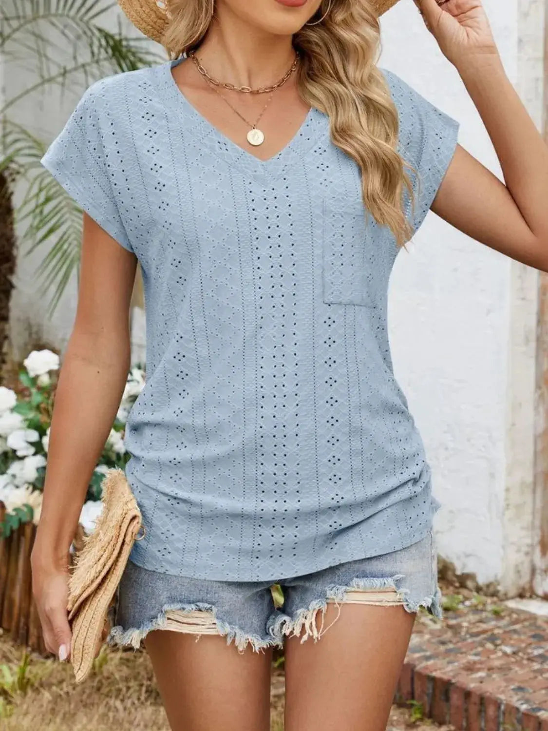 Eyelet V-Neck Short Sleeve Top - Clothes For Her Online Store