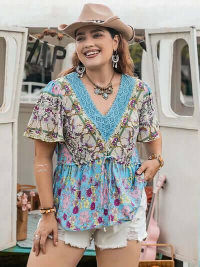 Plus Size Ruched Lace Detail Printed V-Neck Short Sleeve Blouse - Clothes For Her Online Store