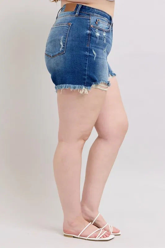 Judy Blue Plus Size 2 Button Dad Shorts with Destrroy