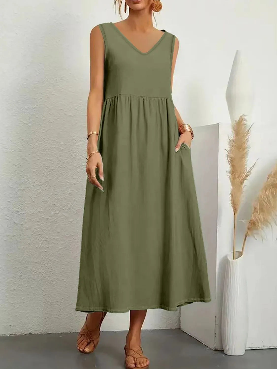 Full Size Pocketed V-Neck Sleeveless Midi Dress Plus Size