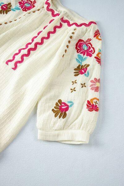 Floral Embroidered Notched Puff Sleeve Blouse - Clothes For Her Online Store