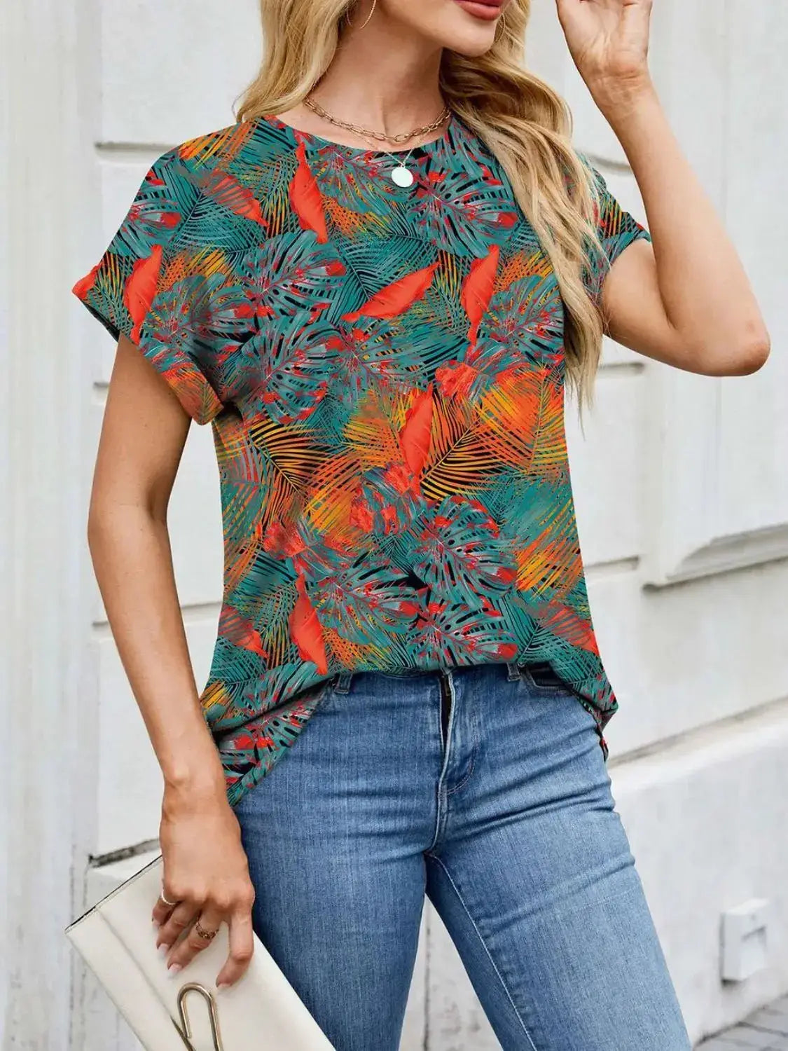 Printed Round Neck Short Sleeve Top - Clothes For Her Online Store