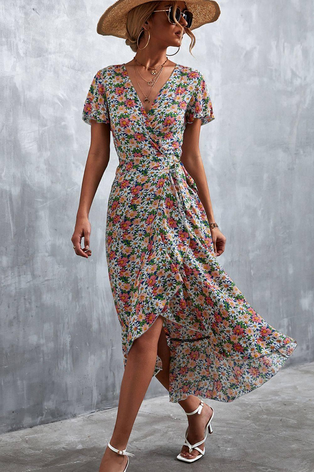 Floral Surplice Neck Tied Midi Dress - Clothes For Her Online Store