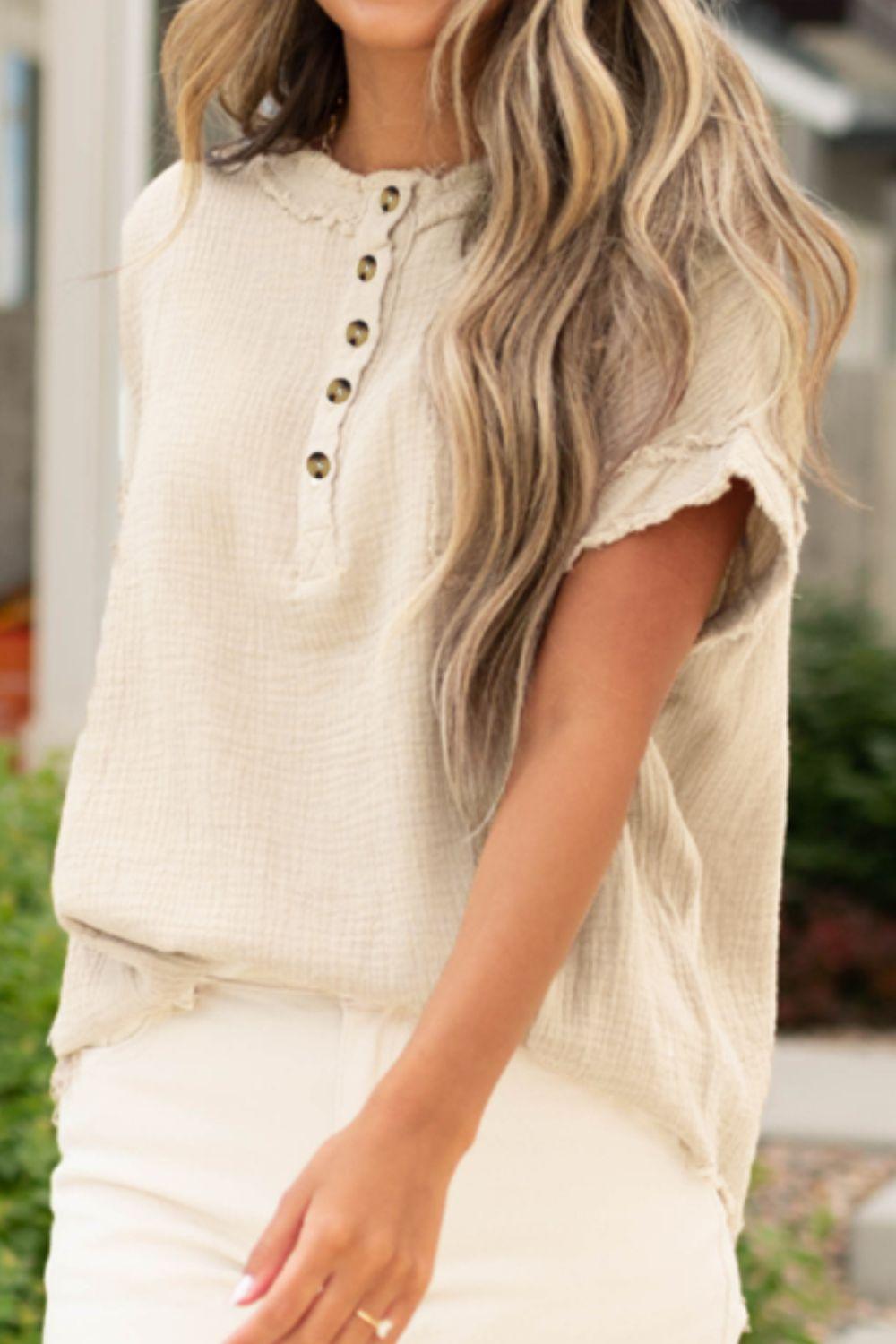 Textured Frayed Trim Half Button Short Sleeve Top - Clothes For Her Online Store