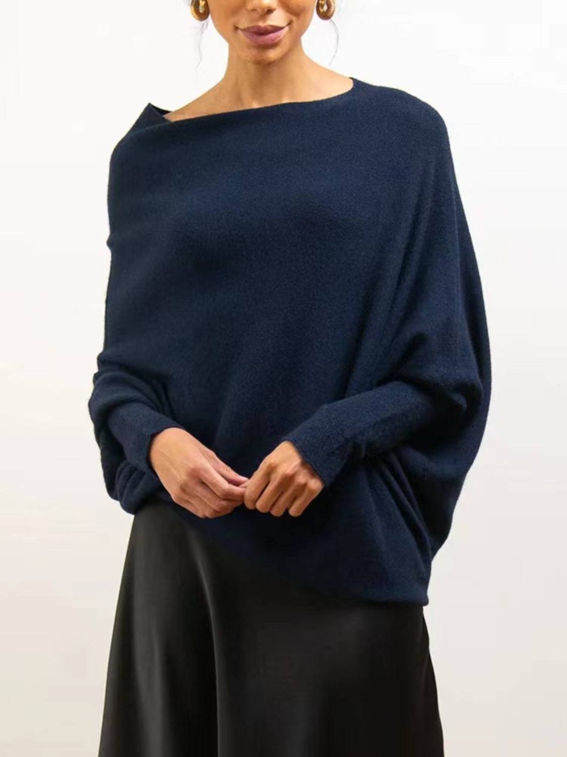 Full Size Boat Neck Batwing Sleeve Knit Top - Clothes For Her Online Store