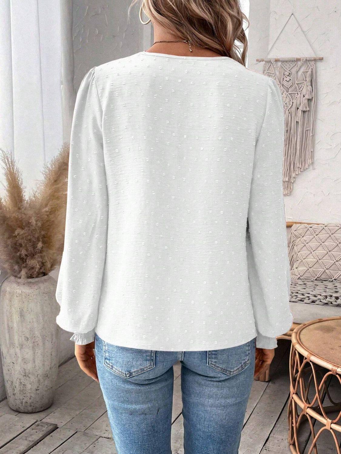 Swiss Dot Lace Detail Notched Long Sleeve Blouse - Clothes For Her Online Store