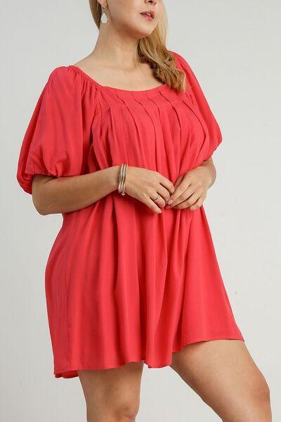Umgee Full Size Squared Neck Puff Sleeve Mini Dress Plus Size - Clothes For Her Online Store